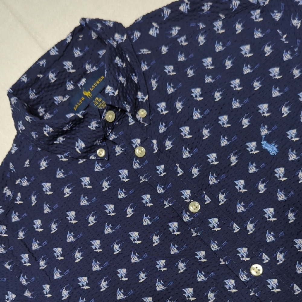 Polo Ralph Lauren Seersucker Tropical Fish All Over Print Kids Button-down Large